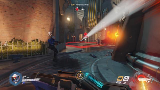 Overwatch is an online team-based game generally played as a first-person shooter. The game features several different game modes, principally designed around squad-based combat with two opposing teams of six players each. Players select one of over two dozen pre-made hero characters from one of three class types: Damage heroes that deal most of the damage to attack or defend control points, Tank heroes that can absorb a large amount of damage, and Support heroes that provide healing or other buffs for their teammates. Each hero has a unique skill kit, defining their intrinsic attributes like health points and running speed, their primary attacks, several active and passive skills, and an ultimate ability that can only be used after it has been charged through dealing damage to enemies and healing allies. Players can change their hero during the course of a match, as a goal of Overwatch's design was to encourage dynamic team compositions that adapt to the situation. The game's genre has been described by some journalists as a "hero shooter", due to its design around specific heroes and classes. (from Wikipedia)