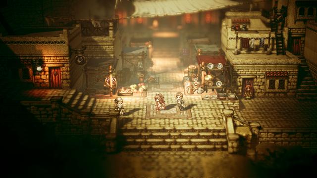 Octopath Traveler is a turn-based role-playing game that sports a graphical aesthetic known as "HD-2D", defined by the developers as combining 16-bit Super NES-style character sprites and textures with polygonal environments and high-definition effects. The game puts players in the role of one of eight adventurers, each of whom begins their journey in different ways. Each character comes from different parts of the world, each of which determines their job or attribute. Each character has a unique Path Ability command that can be used when interacting with NPCs that are divided into two categories: Noble, the ability's effectiveness dependent by the character's level or amount of in-game currency, and Rogue, which has a risk of its user losing credibility upon other NPCs. For example, Olberic and H'aanit can challenge characters, Cyrus and Alfyn can inquire about certain bits of information, Tressa and Therion can acquire items, and Ophilia and Primrose can guide NPCs and use them as guest summons. (from Wikipedia)