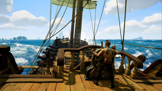 Sea of Thieves is a pirate-themed action-adventure cooperative multiplayer game played from a first-person perspective. The game features cross-platform play between Windows-based personal computers and Xbox One video game consoles. A group of players travel and explore an open world via a pirate ship and assume different roles such as steering, hoisting sails, navigation, and firing cannons. Players embark on quests, collect loot and engage in combat with other players. Sea of Thieves is a shared game world, which means groups of players will encounter each other regularly throughout their adventures. The game has a cartoonish art style and an exaggerated physics engine that allow players to perform stunts, like being shot out of ship cannons.
Players can collect coins by completing missions called voyages, taking loot from other ships, or raiding a skeleton fort that contains large amounts of gold. The player aims to become a pirate legend. The gold can be used for purchasing everything from re-skinned weapons to new hulls and sails for the ship. These items are cosmetic and do not affect combat. The weapons are given to the player at the start of the game, and have five rounds of ammo before needing to find an ammo box to restock. The four usable weapons are a flintlock, a blunderbuss, a sniper rifle, and a cutlass. Two weapons can be carried at once. (from Wikipedia)