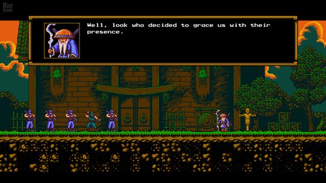 The Messenger is a side-scrolling action-platformer, inspired by the classic Ninja Gaiden series. Players control a ninja known as "The Messenger" as he goes on a quest to deliver a scroll. The Messenger initially possesses a technique called "Cloudstepping", which allows him to perform an extra jump in mid-air after attacking an enemy, object, or projectile. As the game progresses, the Messenger gains new abilities such as climbing walls, gliding in the air, long-range shuriken attacks, and using a grappling hook to propel himself through obstacles and enemies. By collecting Time Shards earned by defeating enemies or hitting lamps, the player can purchase additional upgrades such as health bonuses or extra attack moves. If the player dies, however, a demon named Quarble will appear and automatically claim any Time Shards the player collects as payment for a short amount of time.
The game initially presents itself as a linear level-based adventure split across two eras; the past, which is presented with 8-bit graphics and audio, and the future, which uses 16-bit presentation. Later on, however, the game becomes a Metroidvania-style game, in which the player revisits past eras in any order and direction in order to find key items. In this section of the game, the player can use special warps to instantly move between the past and present, instantly changing the layout of each level and allowing them to access new and areas. Hidden in some areas are green medallions, earned by completing a challenging platforming section, with a bonus unlocked for collecting all 45.
(from Wikipedia)
