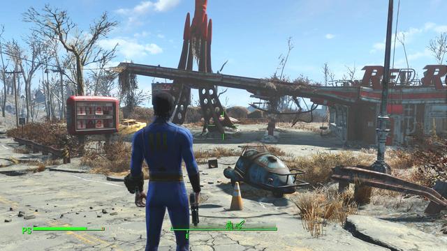 Fallout 4 is an action role-playing game set in an open world environment, gameplay is similar to that of Fallout 3 and Fallout: New Vegas, the two previous primary iterations in the series. Returning features include a camera that can switch between a first-person and third-person perspective. Fallout 4 introduces features including a layered armor system, base-building, a dialogue system featuring 111,000 lines of dialogue, a crafting system which implements every lootable object in the game. Enemies such as Mole Rats, Raiders, Super Mutants, Deathclaws, and Feral Ghouls return in Fallout 4, along with the companion Dogmeat.

The player has the ability to freely roam in the game's world and leave a conversation at any time. If the player has discovered a certain location they may fast-travel to it. They have the ability to customize weapons; the game includes over 50 base guns, which can be crafted with a variety of modifications, such as barrel types and laser focus, with over 700 modifications available. Power Armor has been redesigned to be more like a vehicle than an equipable suit of armor, requiring energy cores and being essentially dead weight without it[3] and can be modified, allowing the player to add items such as a jetpack or selecting separate types of armor for each part of the suit.

A new feature to the series is the ability to craft and deconstruct settlements and buildings. The player can select many in-game objects and structures, and use them to freely build their own structures. In addition, the towns can be powered with working electricity, using a power line system. Merchants and non-player characters can inhabit the player's settlements, for which the player must provide sustenance by growing food in makeshift patches and building water pumps. The player can build various defenses around their settlements, such as turrets and traps, to defend against random attacks.
(from Wikipedia)